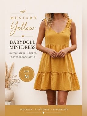 Mustard Babydoll Mini Dress M Cottagecore Ruffle Tiered Boho Summer